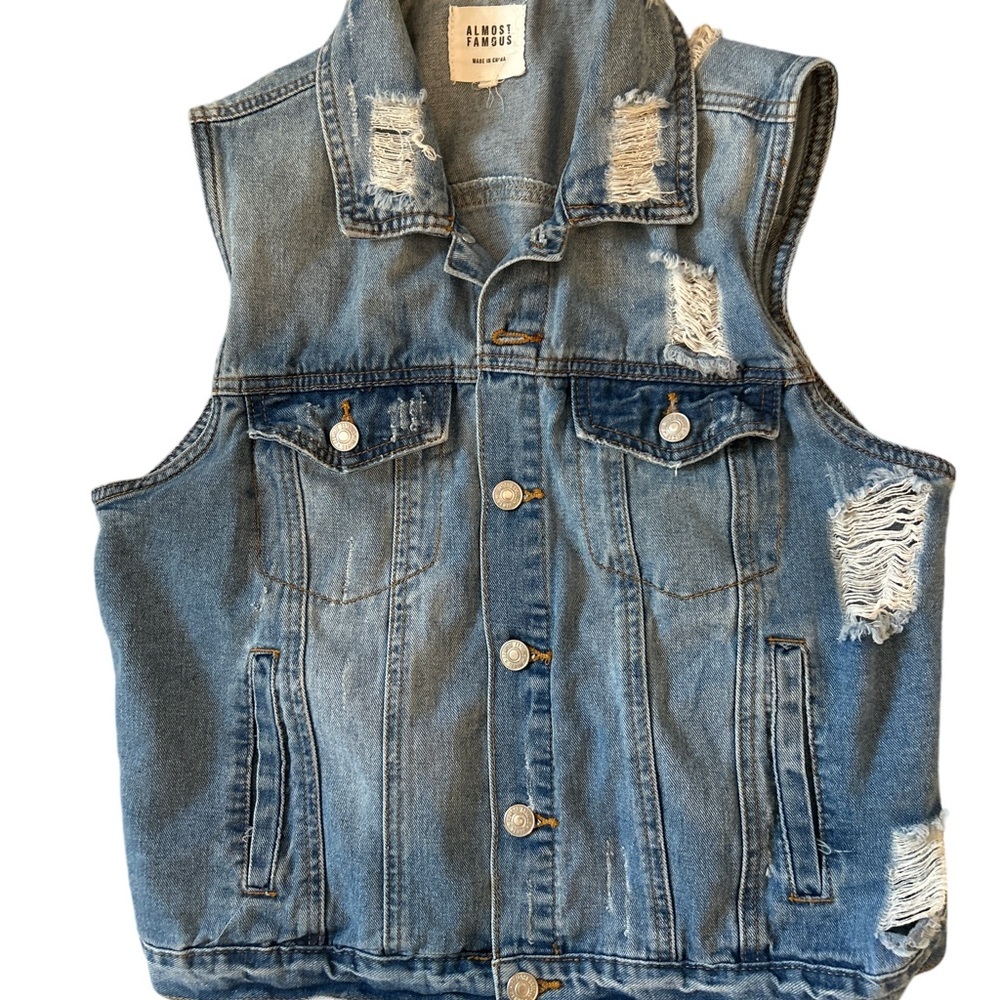 Almost Famous Distressed Jean Jacket Women’s Size X Small - Picture 2 of 11